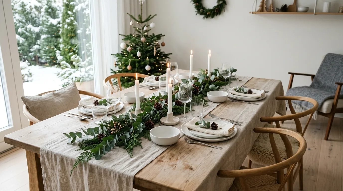 Minimal Scandinavian Christmas table with neutral linens and candles.
